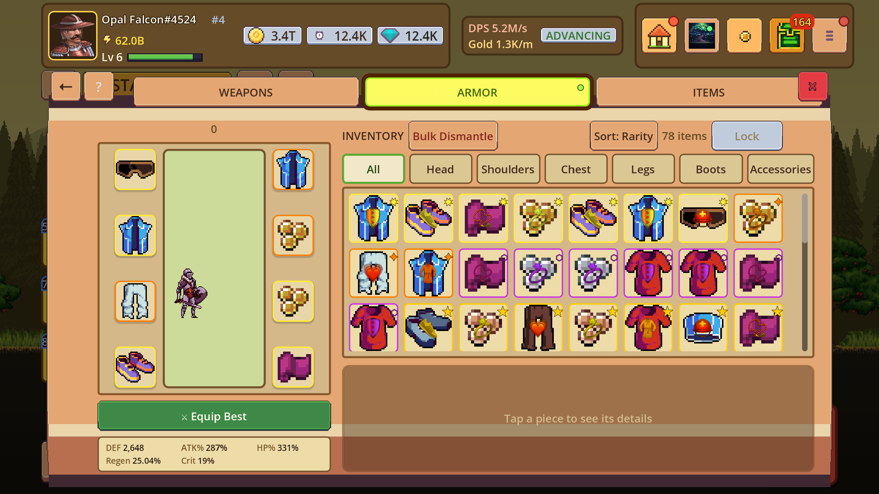 Equipment overview showing the hero, equipped slots, inventory, and statistics
