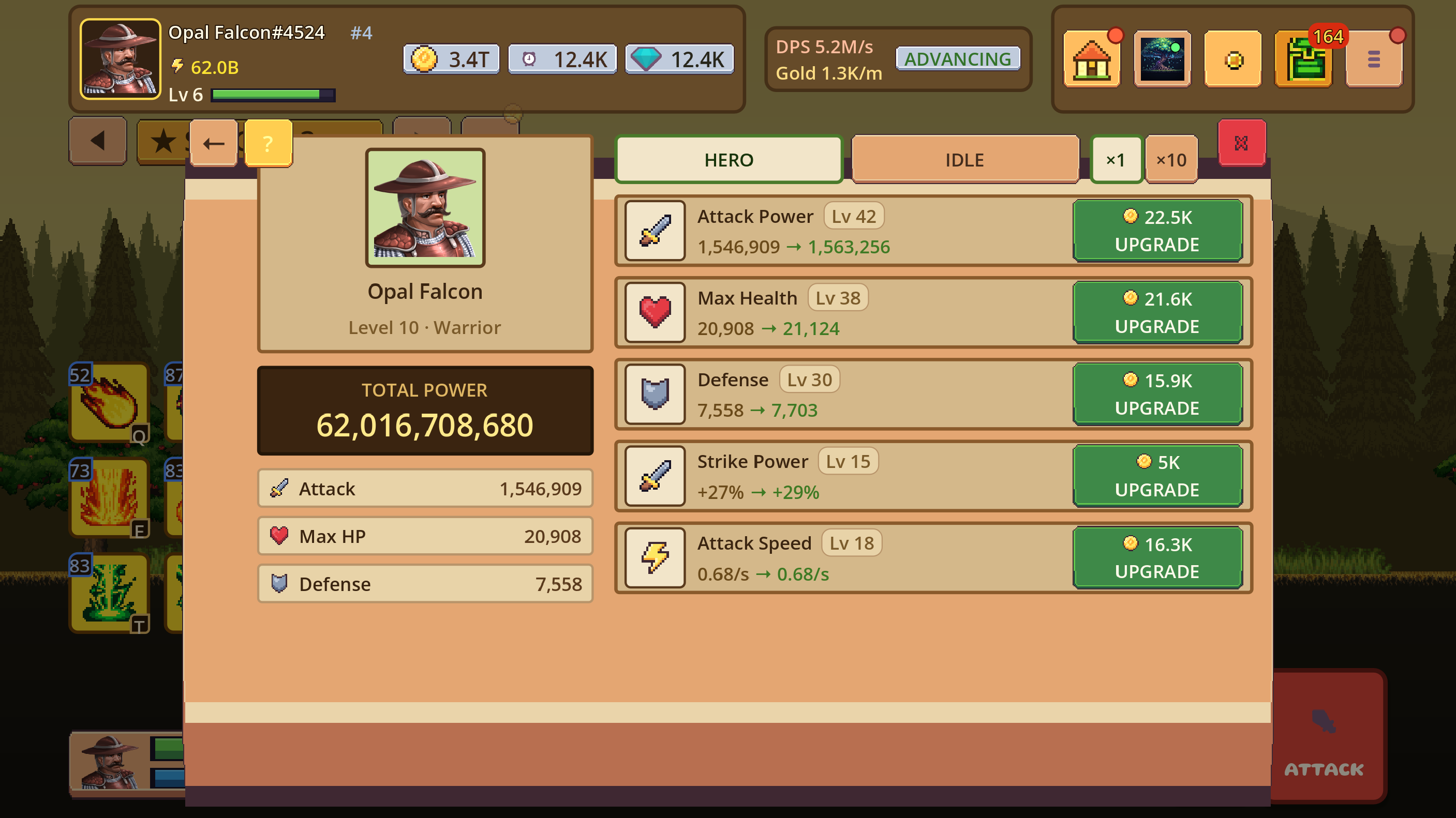 Hero upgrade interface with levels, resources, and resulting power changes