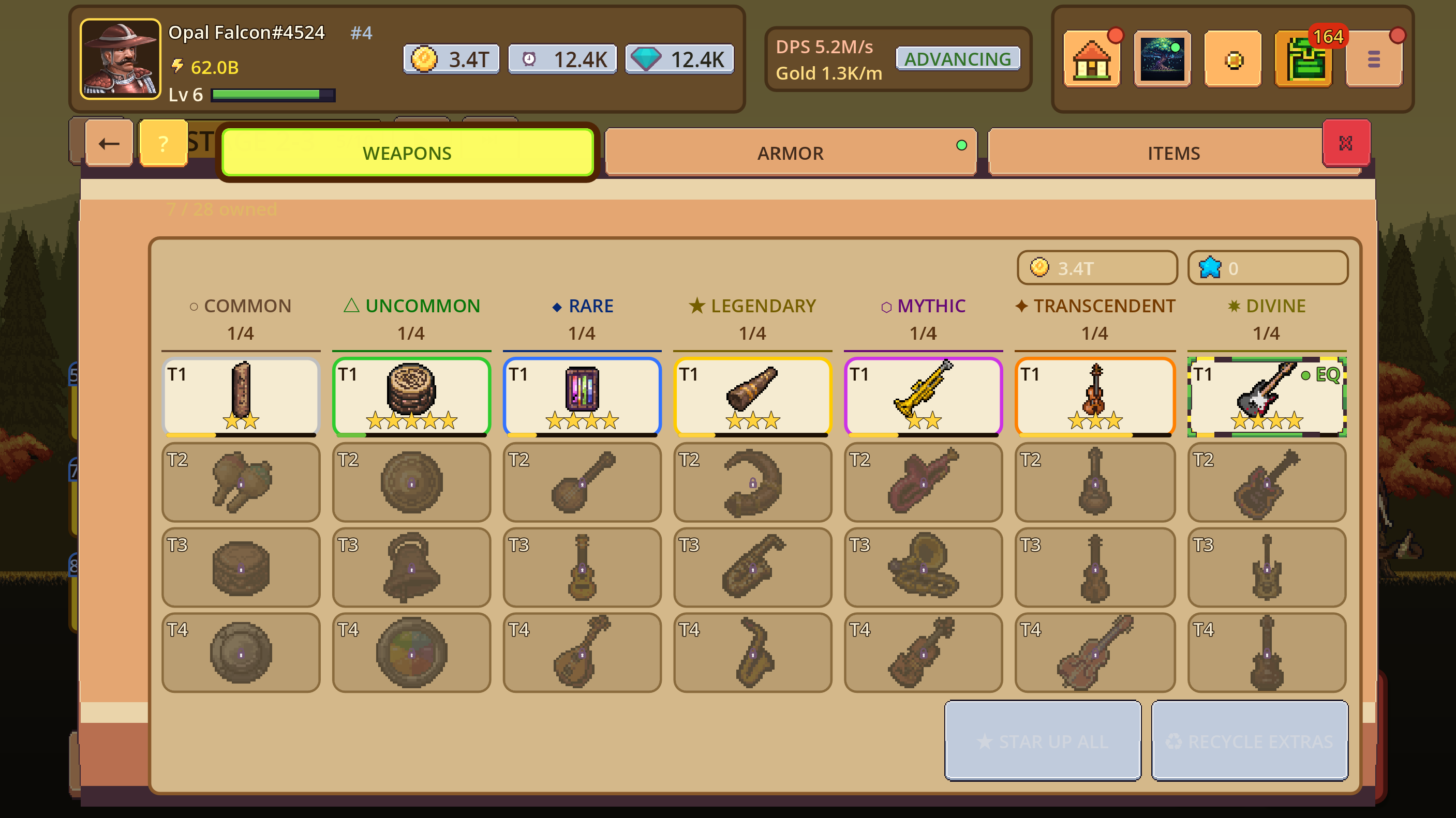 Inventory containing equipment across several visibly distinct rarity tiers