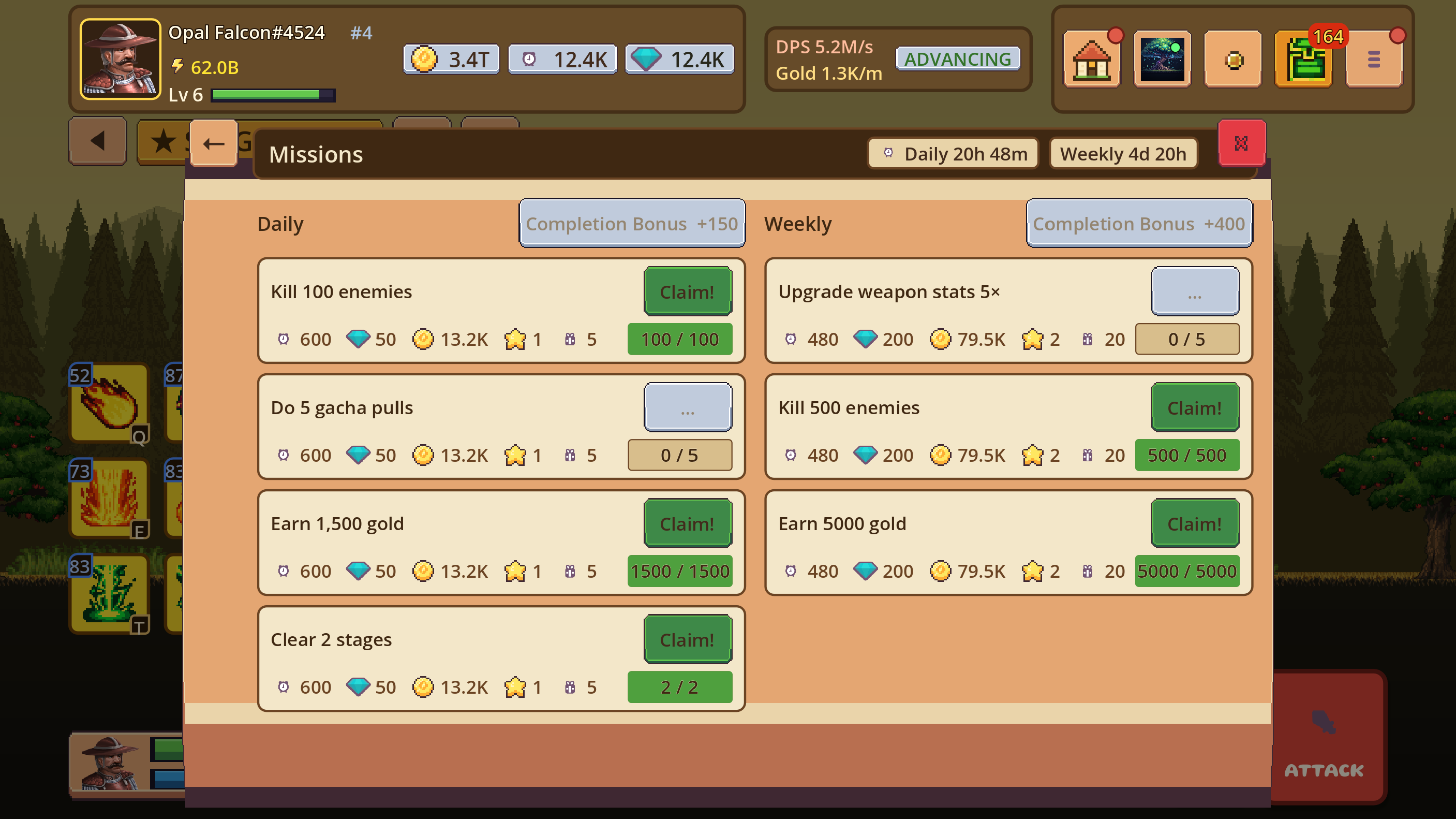 Daily objectives screen with tasks, progress, and rewards