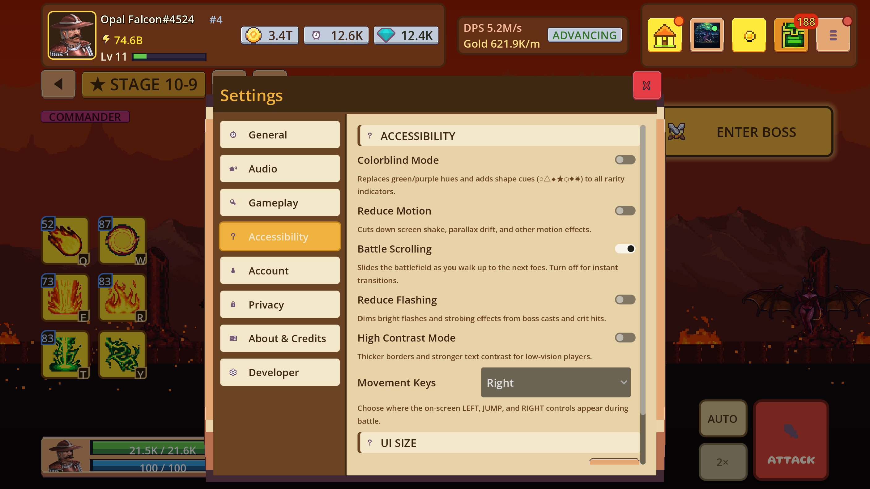 Accessibility settings including colorblind mode, reduced motion, reduced flashing, high contrast, control position, and UI size