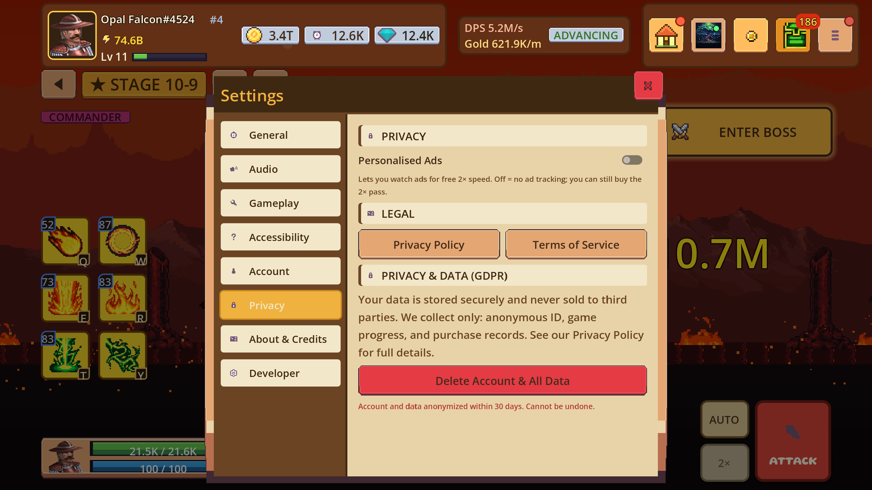 Privacy and account screen containing data controls and account-deletion access